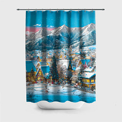 Шторка для душа Новогодняя деревушка в горах, цвет: 3D-принт