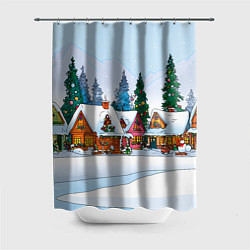 Шторка для душа Новогодник дворик, цвет: 3D-принт