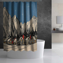 Шторка для душа Небольшой новогодний город в горах, цвет: 3D-принт — фото 2