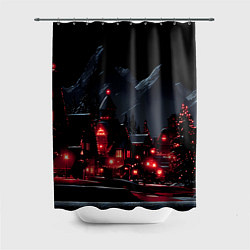 Шторка для душа Новогодняя ночь и красные гирлянды, цвет: 3D-принт