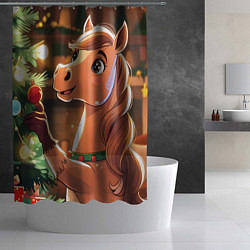 Шторка для душа Лошадка наряжает елку, цвет: 3D-принт — фото 2