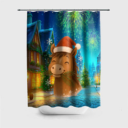 Шторка для душа Новогодняя лошадка жует елочные ветки, цвет: 3D-принт