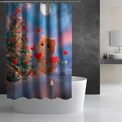 Шторка для душа Рыжий котенок в сердечках у елочки, цвет: 3D-принт — фото 2