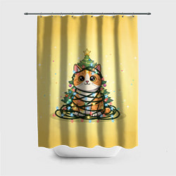 Шторка для душа Новогодний котик в гирлянде, цвет: 3D-принт