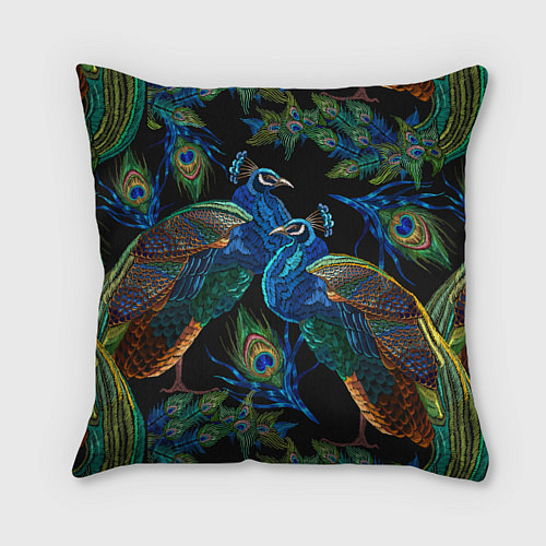 Подушка квадратная Павлины - вышивка гладью / 3D-принт – фото 2