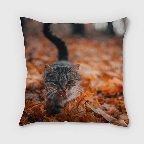 Подушка квадратная Мяукающий кот осенние листья / 3D-принт – фото 2