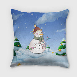 Подушка квадратная Веселый Снеговичок, цвет: 3D-принт