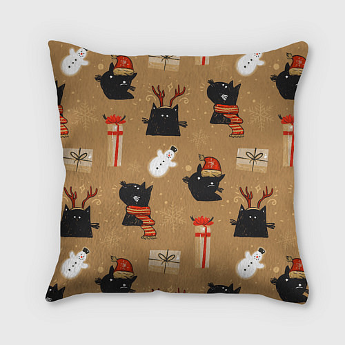 Подушка квадратная Черные новогодние коты / 3D-принт – фото 2