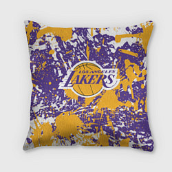 Подушка квадратная LAKERS ФИРМЕННЫЕ ЦВЕТА БРЫЗГИ КРАСОК LA, цвет: 3D-принт