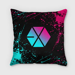 Подушка квадратная EXO BAND NEON LOGO НЕОНОВЫЕ БРЫЗГИ КРАСОК, цвет: 3D-принт