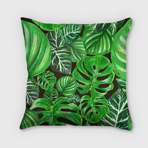 Подушка квадратная Тропические листья на темном фоне / 3D-принт – фото 2
