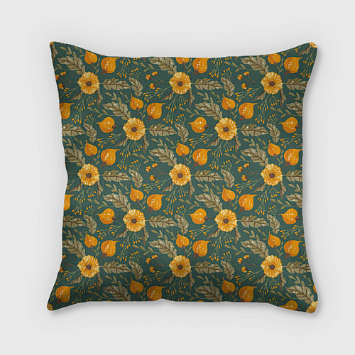Подушка квадратная Желтые цветочки и листья / 3D-принт – фото 2