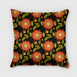 Подушка квадратная Оранжевые цветы на черном фоне, цвет: 3D-принт