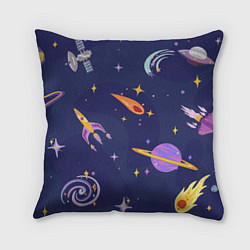 Подушка квадратная Космический дизайн с планетами, звёздами и ракетам, цвет: 3D-принт