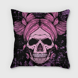 Подушка квадратная Женский череп с розовыми волосами