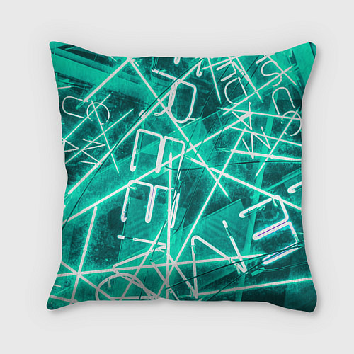Подушка квадратная Неоновые лучи и неоновые надписи - Светло-зелёный / 3D-принт – фото 2