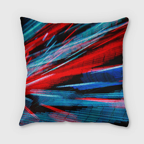 Подушка квадратная Неоновые прерывающиеся линии - Красный и голубой / 3D-принт – фото 2