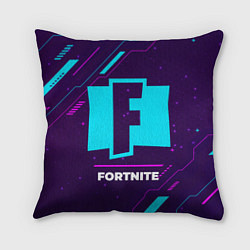 Подушка квадратная Символ Fortnite в неоновых цветах на темном фоне, цвет: 3D-принт