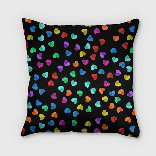 Подушка квадратная Сердечки разноцветные на черном / 3D-принт – фото 2
