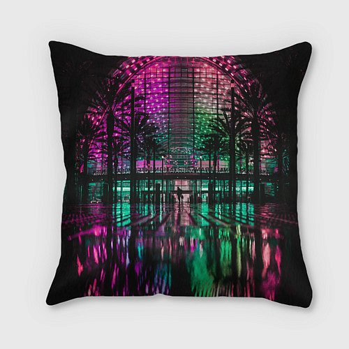Подушка квадратная Неоновое здание ночью - Розовый / 3D-принт – фото 2