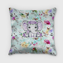 Подушка квадратная Милая слониха в цветах, цвет: 3D-принт