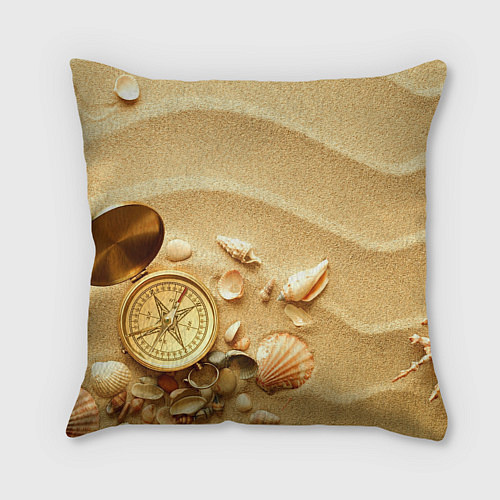 Подушка квадратная Композиция из ракушек и компаса на песке / 3D-принт – фото 2