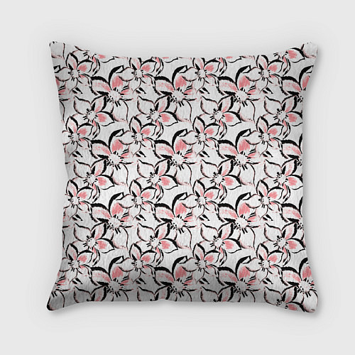 Подушка квадратная Бело-розовые цветы с черной обводкой / 3D-принт – фото 2