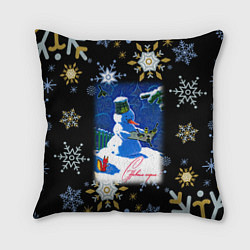 Подушка квадратная Новый год снеговик и птицы