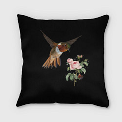 Подушка квадратная Птицы колибри розы на черном фоне, цвет: 3D-принт