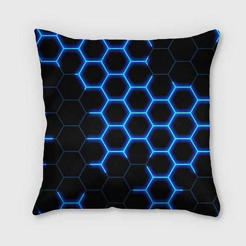 Подушка квадратная Соты на синем неоновом фоне / 3D-принт – фото 2