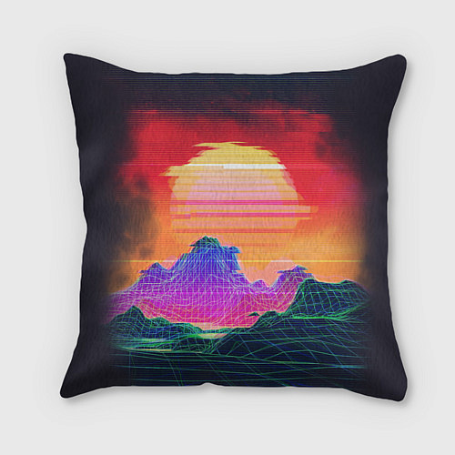 Подушка квадратная Синтвейв неоновые горы на закате / 3D-принт – фото 2