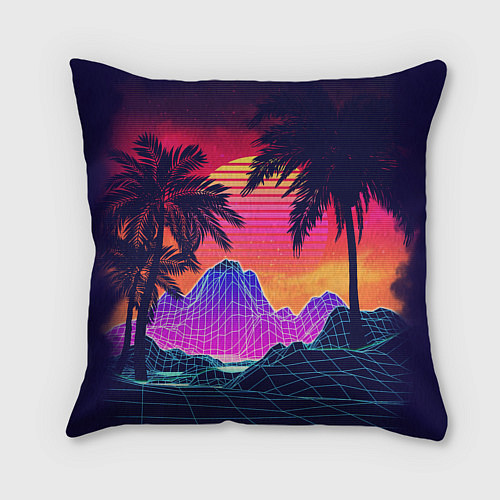 Подушка квадратная Тропический остров с пальмами ретро иллюстрация / 3D-принт – фото 2