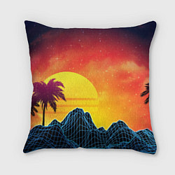 Подушка квадратная Тропический остров на закате ретро иллюстрация, цвет: 3D-принт