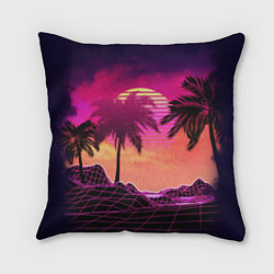 Подушка квадратная Пальмы и пляж в розовом закате ретро дизайн, цвет: 3D-принт