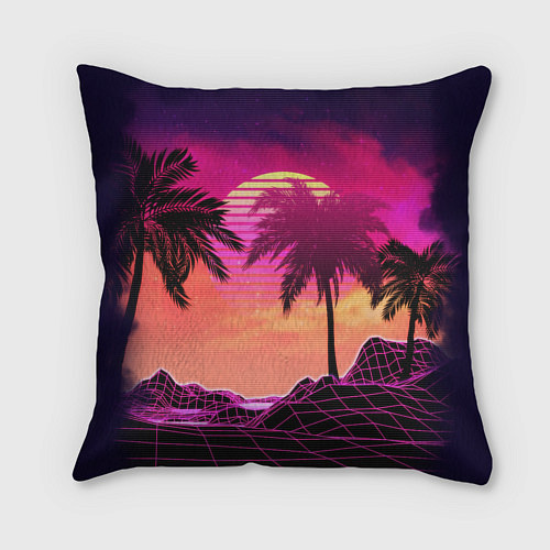 Подушка квадратная Пальмы и пляж в розовом закате ретро дизайн / 3D-принт – фото 2