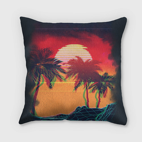Подушка квадратная Пальмы и пляж на закате с помехами VHS ретро дизай / 3D-принт – фото 2
