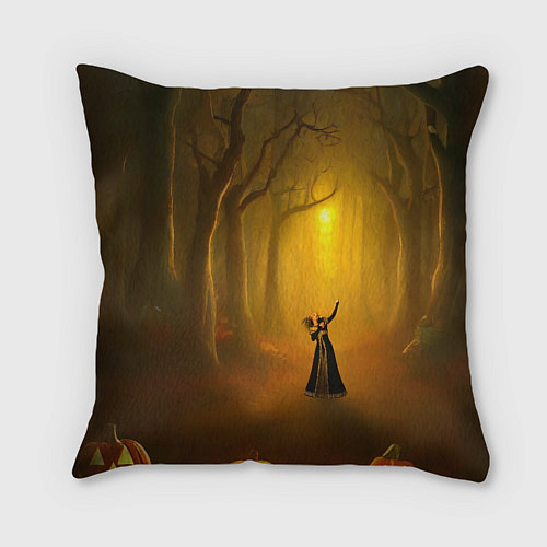 Подушка квадратная Ведьма в черном платье в заколдованном лесу с тыкв / 3D-принт – фото 2