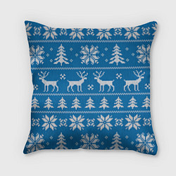 Подушка квадратная Рождественский синий свитер с оленями, цвет: 3D-принт