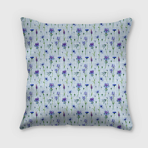 Подушка квадратная Синие и фиолетовые цветы на голубой клетке / 3D-принт – фото 2