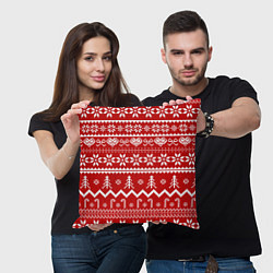 Подушка квадратная Новогодний узор на красном фоне, цвет: 3D-принт — фото 2