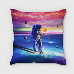 Подушка квадратная Космонавт среди планет в виртуальной вселенной, цвет: 3D-принт