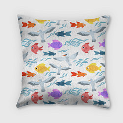 Подушка квадратная Рыбки и чайки, цвет: 3D-принт
