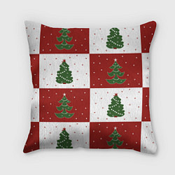 Подушка квадратная Красно-белые квадраты с новогодними елочками, цвет: 3D-принт