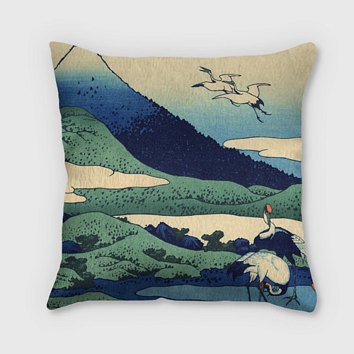 Подушка квадратная Журавли - японский художник Хокусай Фудзи / 3D-принт – фото 2