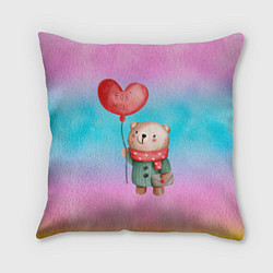 Подушка квадратная Мишка с красным сердечком, цвет: 3D-принт