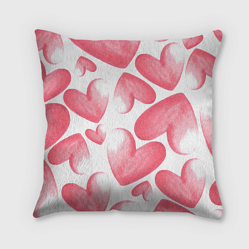 Подушка квадратная Розовые акварельные сердца - паттерн / 3D-принт – фото 2