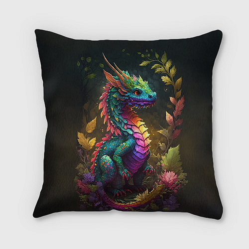 Подушка квадратная Разноцветный дракончик в лесу / 3D-принт – фото 2
