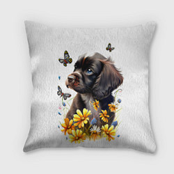 Подушка квадратная Черный щенок и жёлтые полевые цветы, цвет: 3D-принт