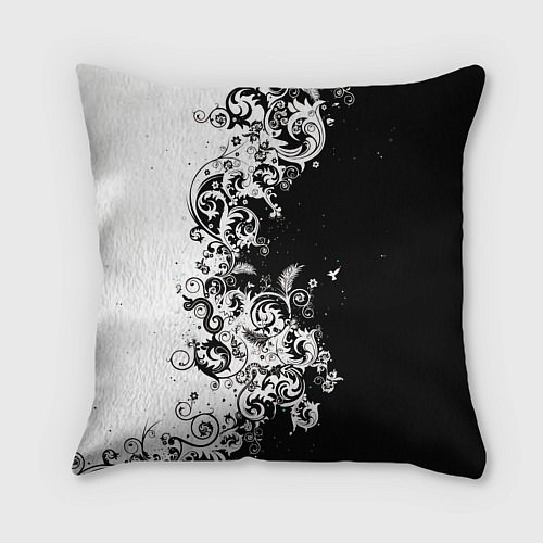 Подушка квадратная Черно-белые цветы и колибри / 3D-принт – фото 2