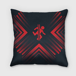 Подушка квадратная Красный символ Portal на темном фоне со стрелками, цвет: 3D-принт